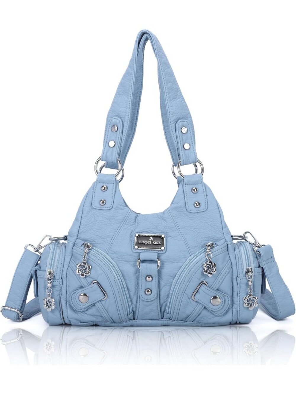 Women's Sky Blue Sky Blue PU leather Zipper Multi-Pocket Small Hobo Shoulder Bag